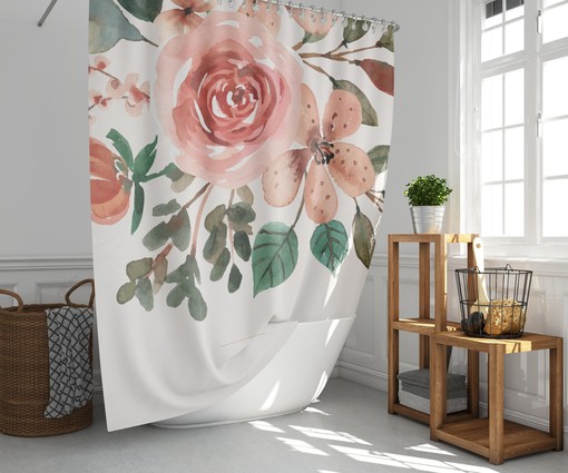 Pink Watercolor Floral Shower Curtain | Botanical Summer Flowers Leaves | Fabric Bathroom Curtain Mat | Home Bath Decor