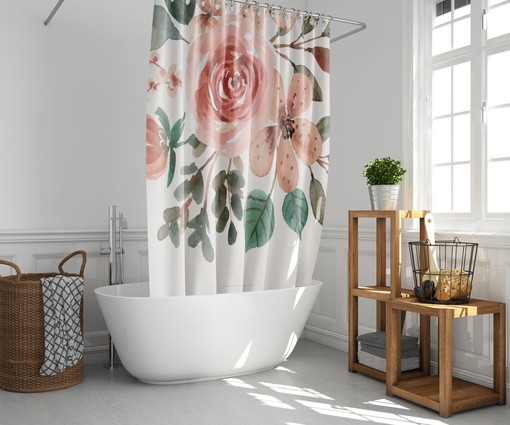 Pink Watercolor Floral Shower Curtain | Botanical Summer Flowers Leaves | Fabric Bathroom Curtain Mat | Home Bath Decor - Image 2