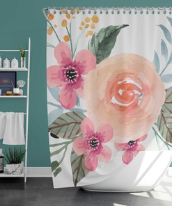 Pink Watercolor Floral Shower Curtain | Summer Flowers Botanical Print | Fabric Bathroom Curtain