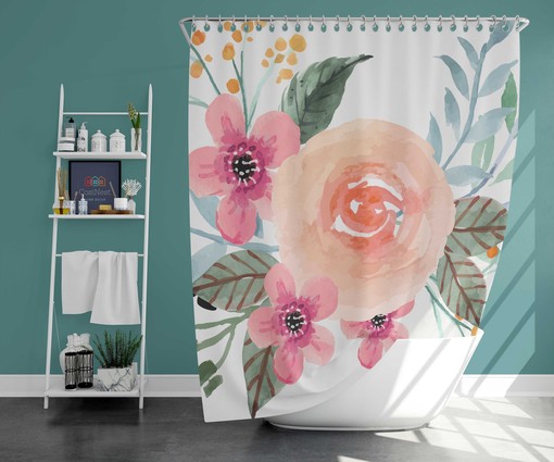 Pink Watercolor Floral Shower Curtain | Summer Flowers Botanical Print | Fabric Bathroom Curtain