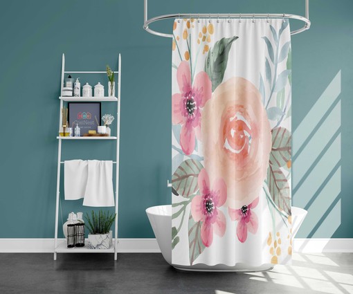 Pink Watercolor Floral Shower Curtain | Summer Flowers Botanical Print | Fabric Bathroom Curtain - Image 2