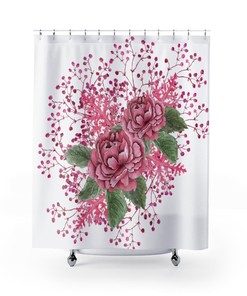 Pink Wild Roses Floral Shower Curtain | Watercolor Art Bath Curtain | Vintage Print Bathroom Decor Romantic Bath Design