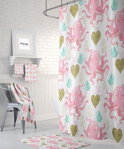 Pink and Gold Boho Octopus Shower Curtain with Coordinated Bathroom Accessories for Glam BoHo