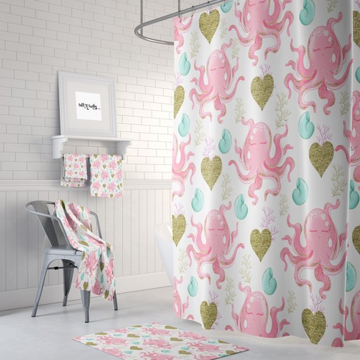 Pink and Gold Boho Octopus Shower Curtain with Coordinated Bathroom Accessories for Glam BoHo