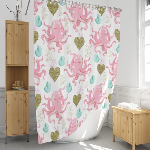 Pink and Gold Boho Octopus Shower Curtain with Coordinated Bathroom Accessories for Glam BoHo - Image 2