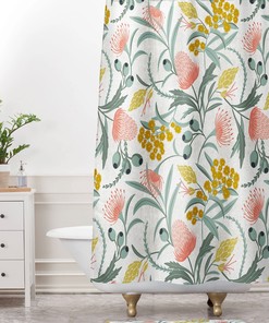 Pink and Green Botanical Shower Curtain, Vintage-Inspired Bathroom Decor, Fabric Bath Curtain