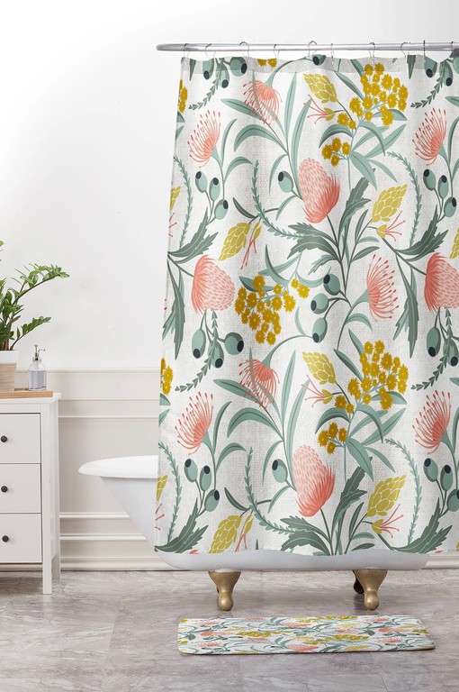 Pink and Green Botanical Shower Curtain, Vintage-Inspired Bathroom Decor, Fabric Bath Curtain