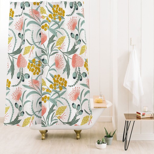 Pink and Green Botanical Shower Curtain, Vintage-Inspired Bathroom Decor, Fabric Bath Curtain - Image 2