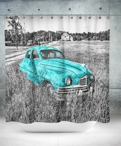 Pink/Turquoise Car Shower Curtain | Retro Antique Design Bath Curtain | Vintage Bathroom Set