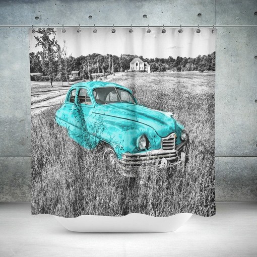Pink/Turquoise Car Shower Curtain | Retro Antique Design Bath Curtain | Vintage Bathroom Set