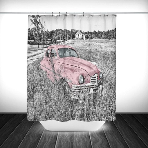 Pink/Turquoise Car Shower Curtain | Retro Antique Design Bath Curtain | Vintage Bathroom Set - Image 2