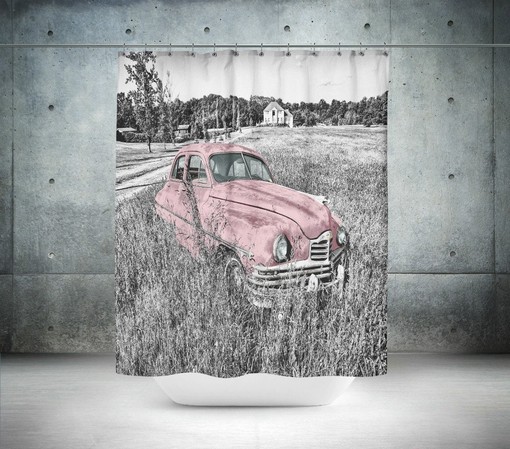 Pink/Turquoise Car Shower Curtain | Retro Antique Design Bath Curtain | Vintage Bathroom Set - Image 3