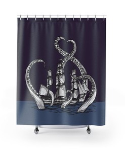 Pirate Ship Boat Kraken Octopus Tentacles Print Shower Curtain for Adventure Bathroom Decor