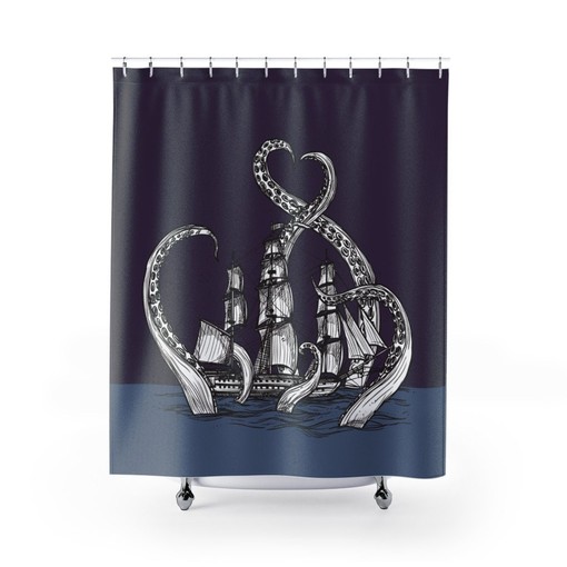 Pirate Ship Boat Kraken Octopus Tentacles Print Shower Curtain for Adventure Bathroom Decor