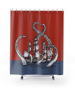 Pirate Ship Boat Vintage Shower Curtain - Set Sail with Kraken and Octopus