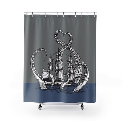 Pirate Ship Boat Vintage Shower Curtain - Set Sail with Kraken and Octopus