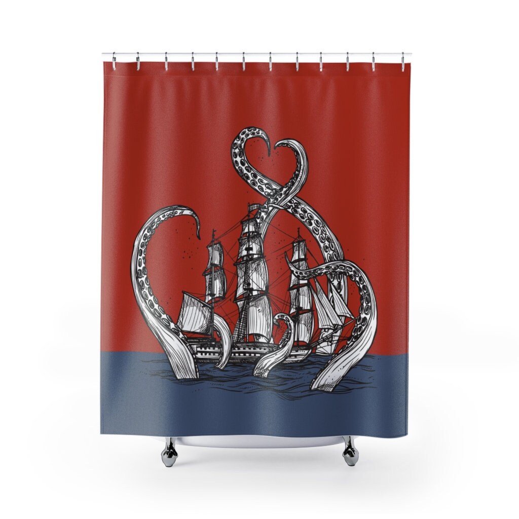 Pirate Ship Boat Vintage Shower Curtain - Set Sail with Kraken and Octopus