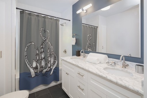 Pirate Ship Boat Vintage Shower Curtain - Set Sail with Kraken and Octopus - Image 2
