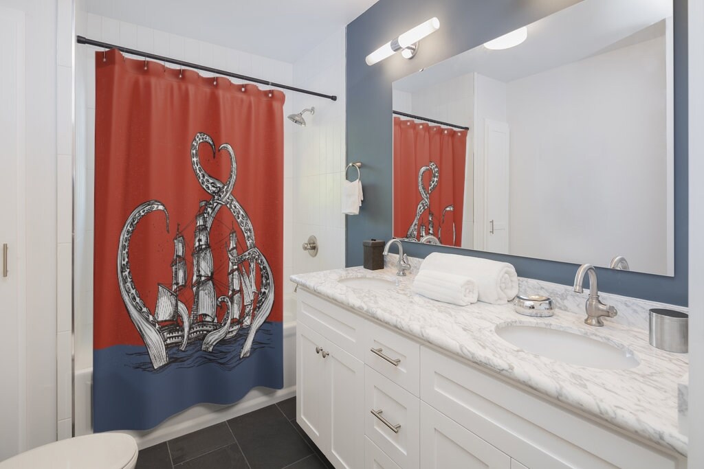 Pirate Ship Boat Vintage Shower Curtain - Set Sail with Kraken and Octopus - Image 2