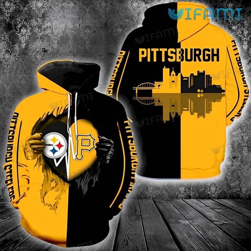 Pittsburgh Skyline Heartbeat - Steelers All Over Print Hoodie with Urban Design
