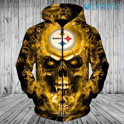Pittsburgh Steelers Burning Skull Logo All Over Print Zip Up Hoodie with 3D Design