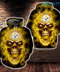Pittsburgh Steelers Skull All Over Print Hoodie with Open Mouth Fire Design