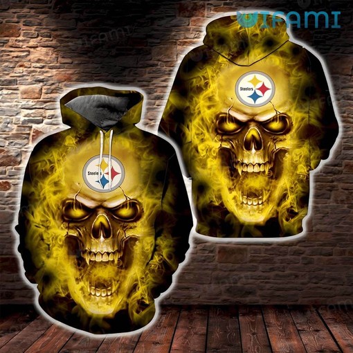 Pittsburgh Steelers Skull All Over Print Hoodie with Open Mouth Fire Design