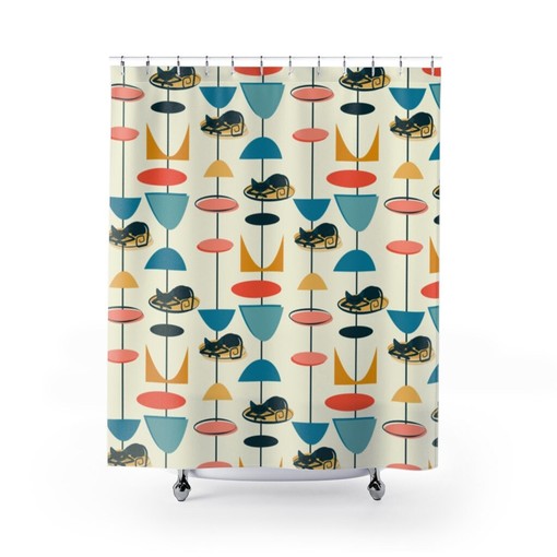Playful Cool Kitty 50's Atomic Mid Century Modern Retro Shower Curtain for a Fun Look - Image 2