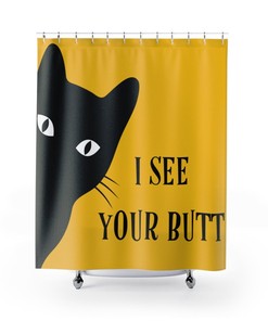 Playful Mid Mod Cat Yellow and Black Retro Shower Curtain for a Quirky Bathroom