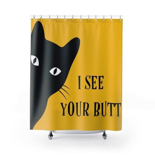 Playful Mid Mod Cat Yellow and Black Retro Shower Curtain for a Quirky Bathroom