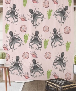 Playful Pink Octopus Nautical Shower Curtain with Optional Bath Set