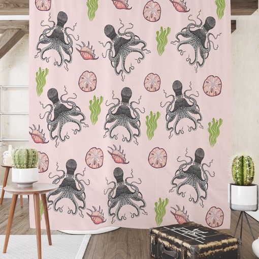 Playful Pink Octopus Nautical Shower Curtain with Optional Bath Set