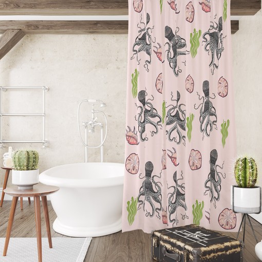 Playful Pink Octopus Nautical Shower Curtain with Optional Bath Set - Image 2
