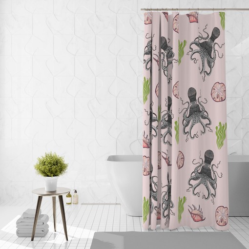 Playful Pink Octopus Nautical Shower Curtain with Optional Bath Set - Image 3