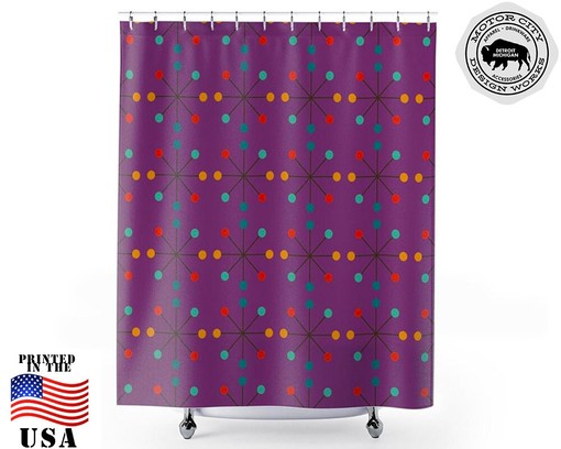 Plum Atomic Starburst Mid Century Modern Shower Curtain with Centuries Old Design