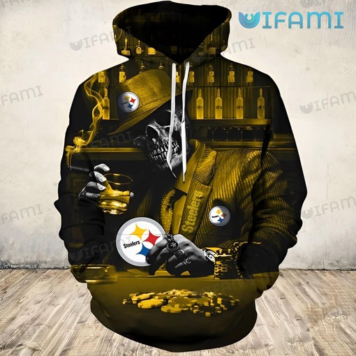 Poker-Faced Skeleton In Suit - Steelers All Over Print Hoodie with Cool Design