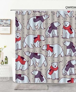 Polar Bear in Scarf Kids Bathroom Shower Curtain | Arctic Winter Animal Carnivore Alaska Home Bath Decor