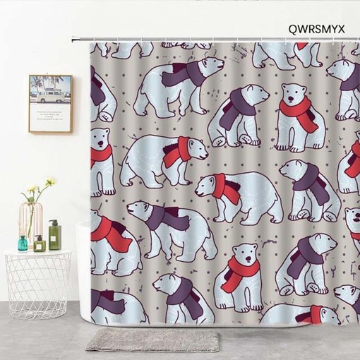 Polar Bear in Scarf Kids Bathroom Shower Curtain | Arctic Winter Animal Carnivore Alaska Home Bath Decor