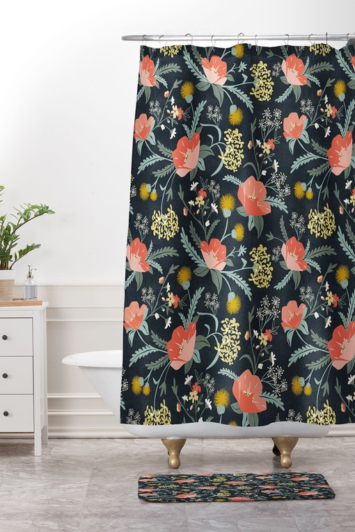 Poppy Floral Shower Curtain, Adds Mystery to Your Boho Bathroom Decor, Dark Boho Bath Curtain