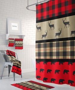 Primitive Woodland Bear Deer Bath Decor with Lumberjack Plaid Shower Curtain and Restroom Shower Curtains
