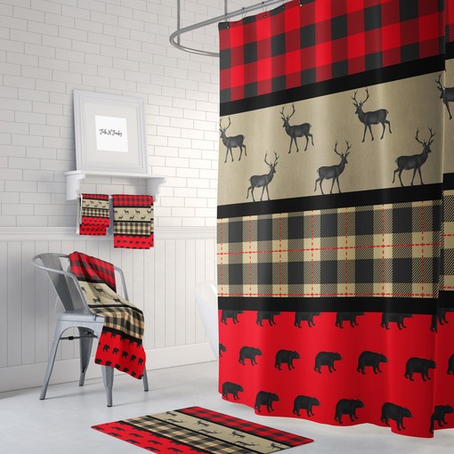 Primitive Woodland Bear Deer Bath Decor with Lumberjack Plaid Shower Curtain and Restroom Shower Curtains