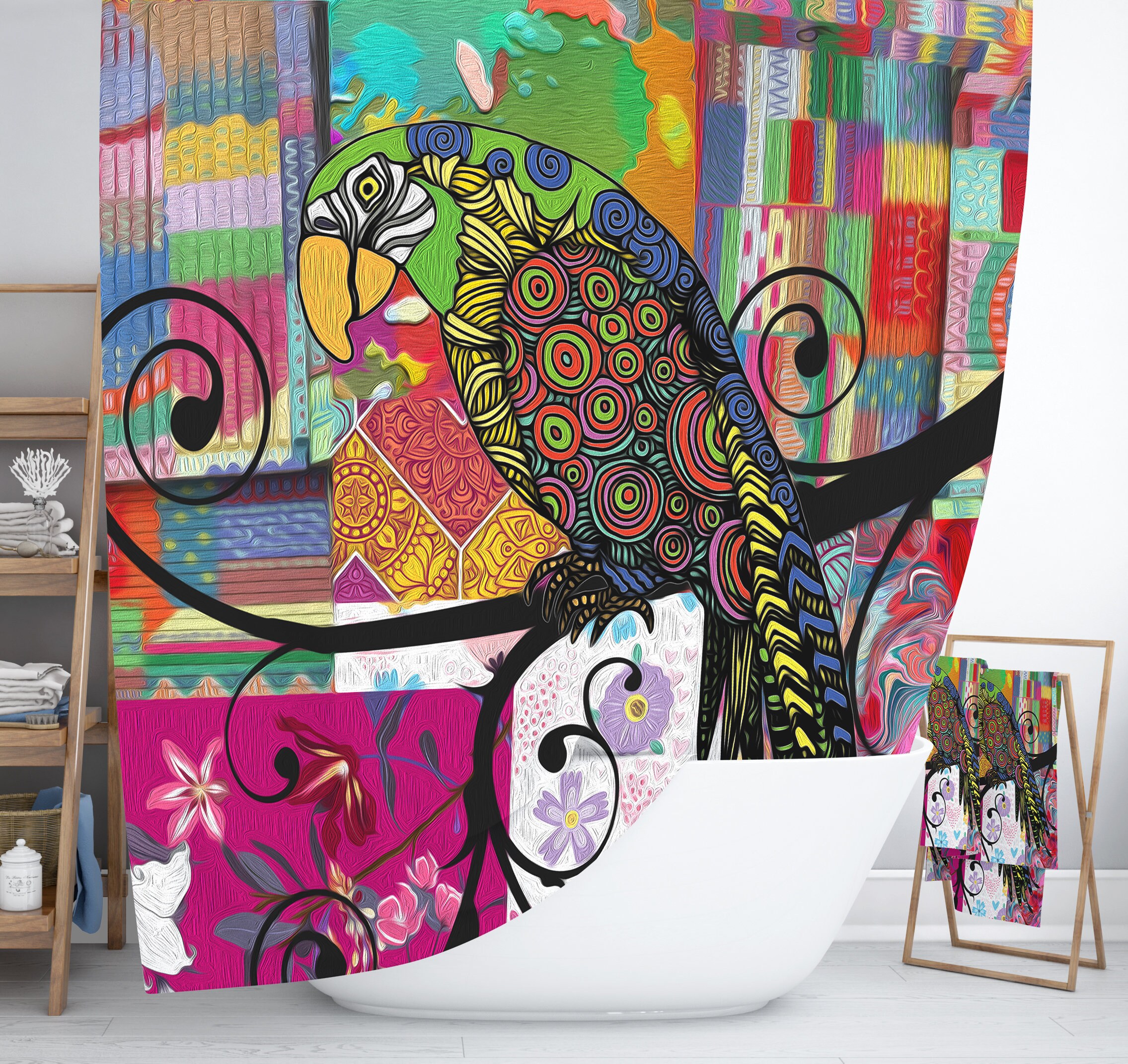 Print Shower Curtain Boho Parrot Shower Curtain - Image 2