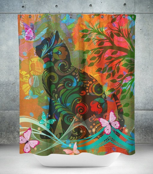Psychedelic Cat Boho Shower Curtain / Colorful Abstract Bath Print / Unique Hippie Bathroom Decor - Image 2