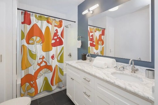 Psychedelic Groovy Funky 70's Shower Curtain with Mushroom Design - Image 2