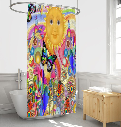Psychedelic Sunshine Boho Shower Curtain / Colorful Abstract Bath Print / Unique Hippie Bathroom Decor - Image 3