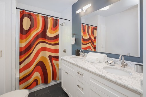 Psychedelic Vibes Retro Orange Swirl Shower Curtain - Image 2