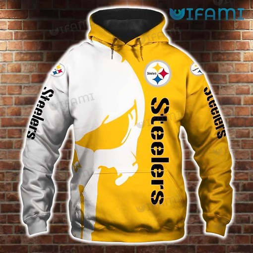 Punisher Skull All Over Print Hoodie in White and Yellow for Pittsburgh Steelers Fans