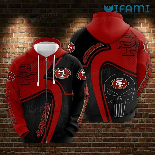 Punisher Skull Logo All Over Print Zip Up Hoodie for San Francisco 49ers Fans