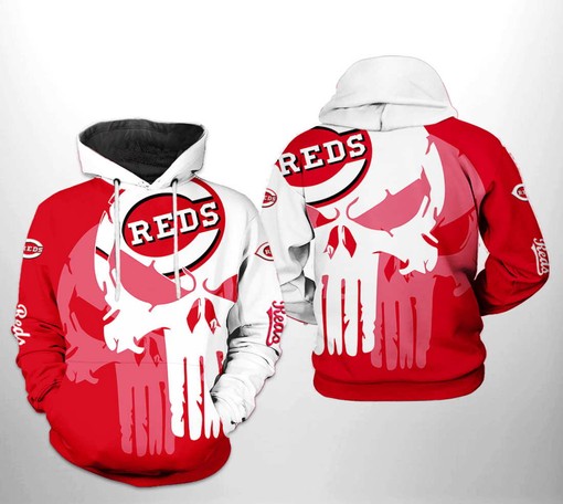 Punisher-inspired Cincinnati Reds MLB Skull Hoodie in 3D All-Over Print