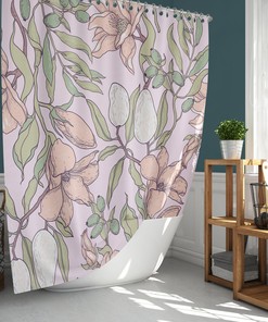 Purple Floral Shower Curtain, Customizable Size, Botanical Leaves and Pear Print